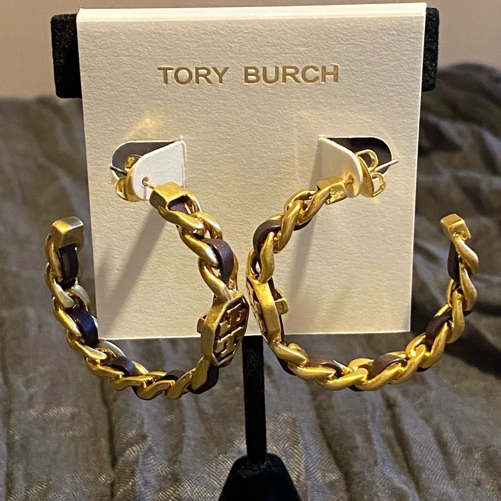 Tory Burch brown leather and gold plated woven hoop earrings.